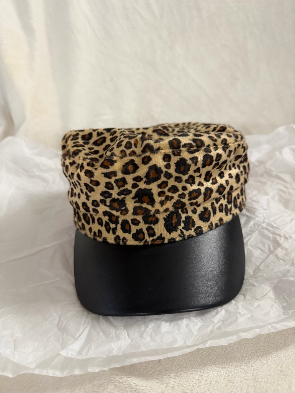 $67 Leopard Print Baker Boy Hat with Black Brim
